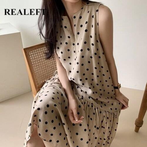 REALEFT Summer 2021 New Vintage Polka Dots Womens Tank Dresses Chic High Waist O-Neck Female Straight Boho Loose Long Dress