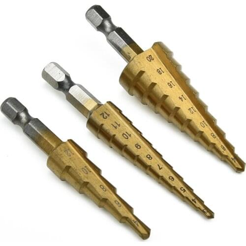 3Pcs Metric Spiral Flute The Pagoda Shape Hole Cutter 4-12/20/32mm HSS Steel Cone Drill Bit Set HSS Steel Step Sharpening