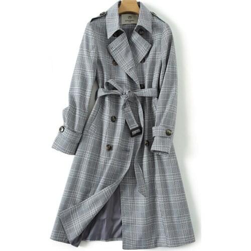 New Women Trench Coat Long Sleeve Double Breasted With Belt Female Plus Size Long Plaid Windbreaker Trench Coats Outerwear