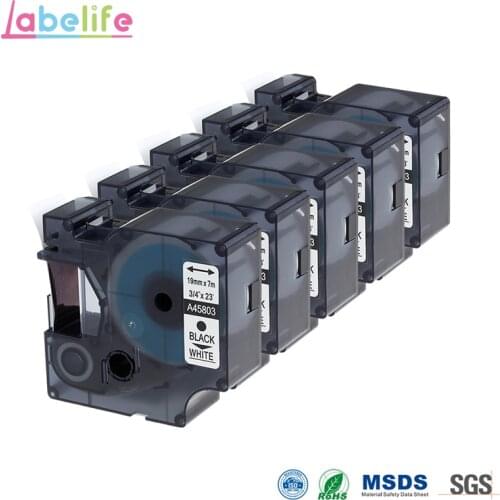 Labelife 5 Pack A45803 19mm Compatible DYMO D1 Label Tape 45803 Black on White Label Maker For DYMO D1 Label Maker
