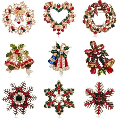 Rinhoo Fashion Christmas Pins Gifts Christmas Bells Wreath Snowflake Star Crystal Brooches for Women Colorful New Year Brooch