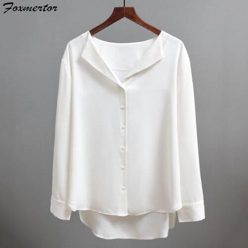 Foxmertor Women Shirts Casual Solid Outwear Tops 2020 Autumn New Female Chiffon Blouse Office Lady V-neck Button Loose Clothing