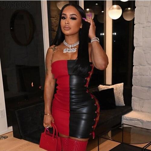 UVRCOS Womens Dresses New Arrival 2021 Two Color Patchwork Panelled Side Hollow Out Lace Up Strapless PU Material Mini Dresses Y