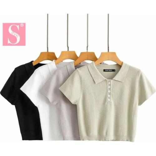 STVY 2021 Spring Autumn Women Fashion Short-Sleeve POLO Collar Sweaters Ladies Elastic Knitting Hollow Out Crop Tops