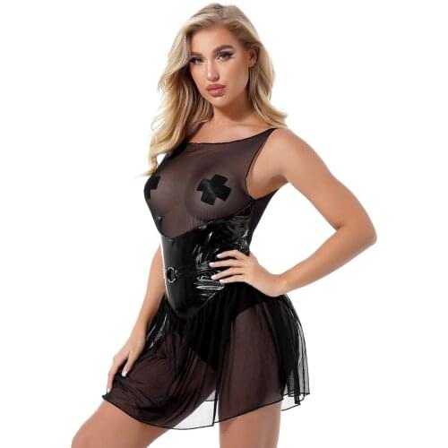 Ladies Erotic Dresses Patent Leather Patchwork Transparent Mesh Sleeveless Dresses Dress For Party Nightclub Stage Performance