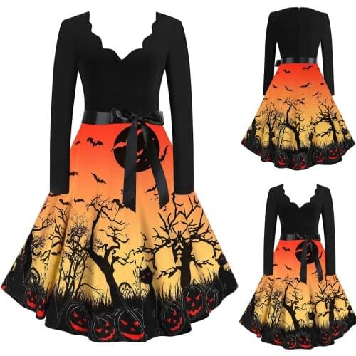 Women Interesting Printed Midi Dress Halloween1990s Style Evening A-Line Gloomy Forest Pumpkin Pattern Dress Sexy Vestidos