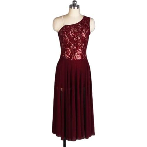 One Shoulder Burgundy Sequin Lace Bodice With Long Black Mech Dress For Adult Ballet/Contemporary/Lyrica Dance Costume 17313