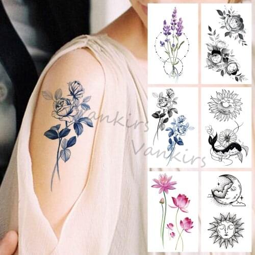 3D Sexy Rose Flower Temporary Tattoos For Women Girls Realistic Lavender Lotus Sun Fake Tattoo Sticker Arm Body Tatoos Custom