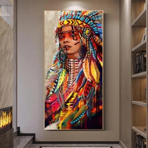 Abstract Canvas Painting Indian Woman Feather Hat Posters and Prints Wall Art Print Canvas Pictures Living Room Home Decor