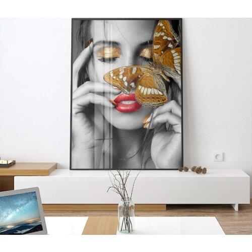 Abstract Wall Art Pictures Fashion Woman butterfly Red rose Gold And White Black Modern Home Canvas Painting Beauty Decor Poster