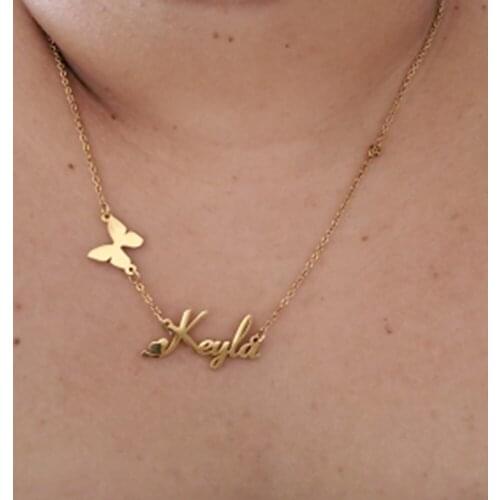 Dainty Name Women Necklace Personalized Jewelry Stainless Steel Sideway Butterfly Pedant Custom Gift