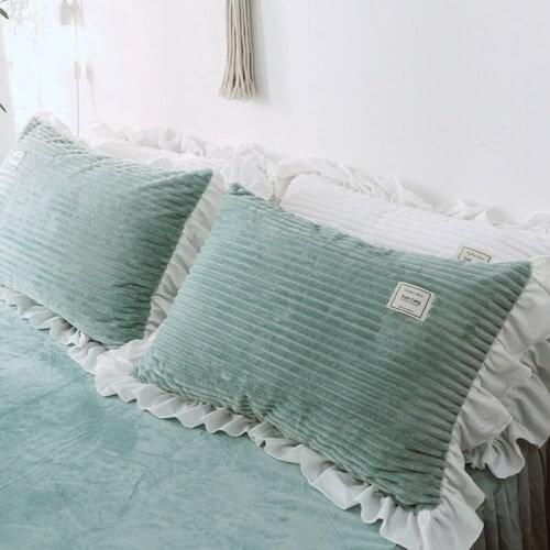 2pc Pink Blue Color Korea Style Crystal Push Pillowcase Ins Cute Pillowcase With Zipper And White Ruffles Stripped Pillowcase