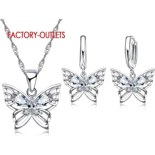 Pretty Butterfly Design Fashion 925 Jewelry Set For Women Zircon Crystal Earrings+Necklace Wedding Sets
