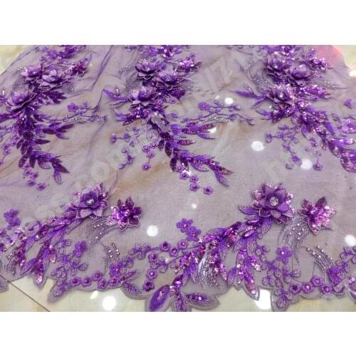 La Belleza 1 yard 3D Flowers beaded sequins lace fabric new Puple For wedding dress stage clothing evening dress