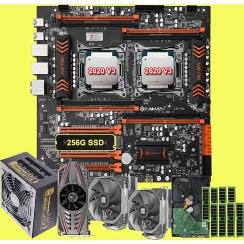 HUANANZHI X99 Dual CPU Motherboard 256G M.2 SSD 2*2620 V3 CPU Coolers 64G RAM GTX750TI Video Card 80Plus Gold 650W PSU 1TB HDD