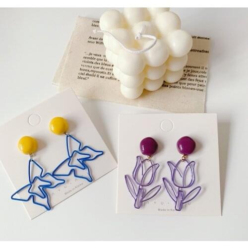 Korean Style Metal Creative Line Abstract Art Ear Clips Big Hollow Purple Tulip Flower Butterfly Sweet Clip Earrings No Piecing