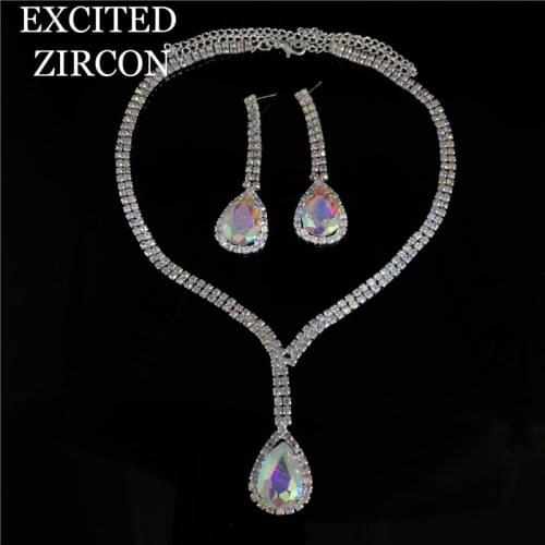 Fashion AB Color Water Drop Crystal Glass Necklace Earrings Bridal Jewelry Chic Shape Rhinestone Jewelry Set