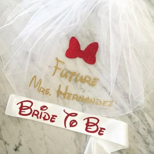 Personalized glitter mouse wedding sash and veil set, bachelorette party sash veil sets, future mrs veil party favors