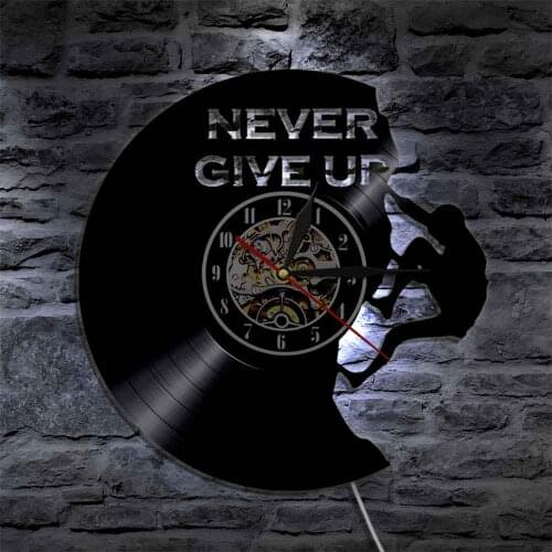 Never Give Up Inspirational Quote Home Decor Vinyl Record Wall Clock Sport Art Climbing Wall Lamp Rock Climbing Climber Gift
