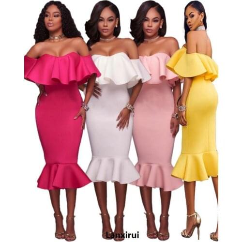 Newest Design Rose/Green/White Off Shoulder Strapless Ruffles Midi Dress Hot Sexy Woman Night Out Wear Fish tail Dresses Online