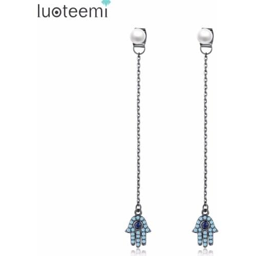 LUOTEEMI New Cute Elegant Drop Earrings Blue Cubic Zirconia Gun Black Plated Hand Palm Shape Pendant Long Chian Brincos for Girl