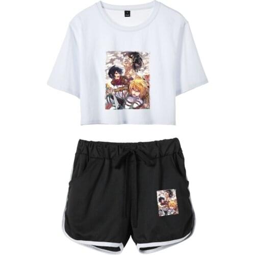 New Summer Harajuku Anime Attack On Titan Prints Women Short Sleeve Crop Tops Shorts Cartoon T Shirt Graphic Tees Plus Size