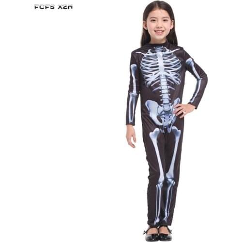 Tight Jumpsuit Girls Skeleton Costume Children Halloween Devil Demon Cosplay Kids Zombie walking dead Purim Carnival party dress