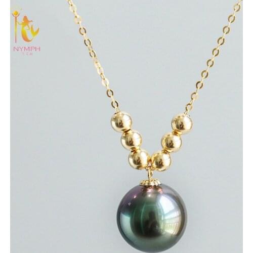 NYMPH Real 18k Gold Necklace Pendant Fine Jewelry Natural Tahitian Black Sea Water Pearl Solid Ball For Women Luxury Trendy D510