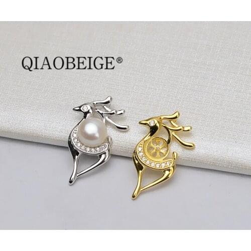 QIAOBEIGE 925 Sterling Silver Pendant Mountings Clear Zirconia Jewelry Findings pearl silver mount without pearl DEER shape