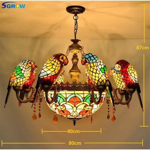 SGROW Stained Glass 6/8 Parrot Birds Pendant Lights Hand-made Tiffany Art Hanging Lamp Indoor Lighting Fixtures for Living Room