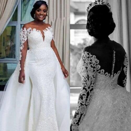Dubai African Mermaid Wedding Dress With Detachable Train White Appliques Coffe Tulle Bridal Dresses Custom Made 2 In 1 Dresses