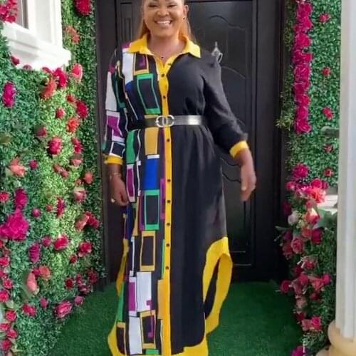 African Womens Shirt Dress Lapel Asymmetric Long Skirt Autumn New Fashion Ladies Robe Full Sleeve African Clothing Vestidos 2XL