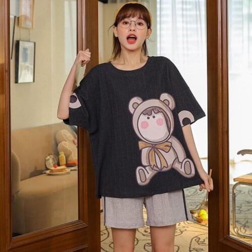 Spring Summer Pajamas For Woman Kawaii Cartoon Muppet Bears Pajamas Dark Gray Cotton Homewear Korea Loose Short Sleeve Sleewpear