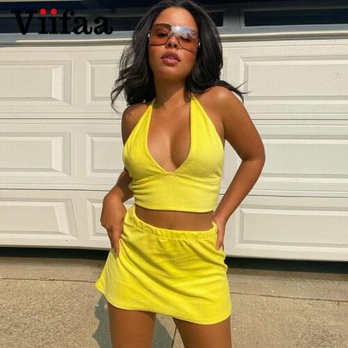 Viifaa V Neck Halter Crop Top and Women Mini Skirt Solid Two Piece Set Summer 2021 Sexy Club Matching Sets Vacation Outfits