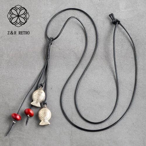 Vintage Jewelry for Women Fish & Wood Beads Pendant Long Necklace necklaces & pendants Black Rope Chain Chokers Suspension Alloy
