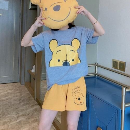 Disney Anime Winnie the Pooh Women Kawaii Sleepwear Summer Pajama Set White Blue Short Sleeve Female Pijama Home Wear Shorts
