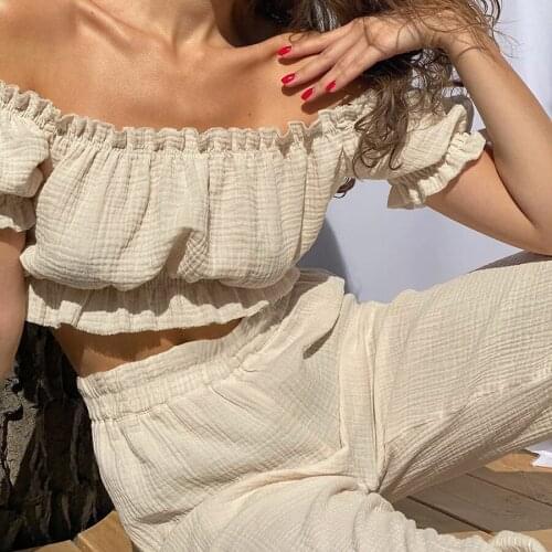 BoozRey 2021 Autumn Womens Pantsuit Short-sleeved One-shoulder Sexy Wide-leg Trousers Loose Commuting Niche Pleated Suit