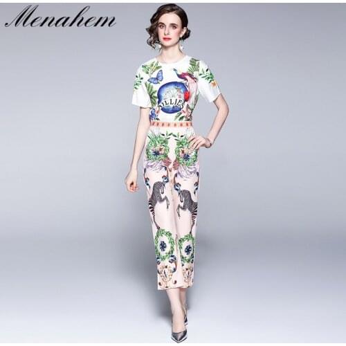 Menahem Runway Summer Flower Two Pieces Set Womens Short Sleeve O Neck Blouse Tops And Pocket Pencil Letter Printed Long Pants
