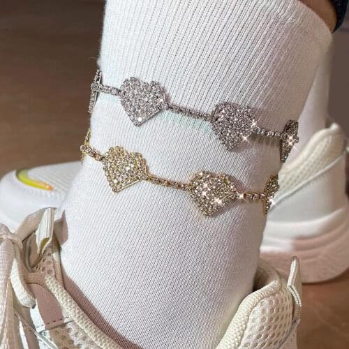 Flatfoosie New Shiny Heart Rhinestone Anklets Bracelet for Women Beach Sandals Barefoot Tennis Chain Crystal Anklet 2021 Jewelry