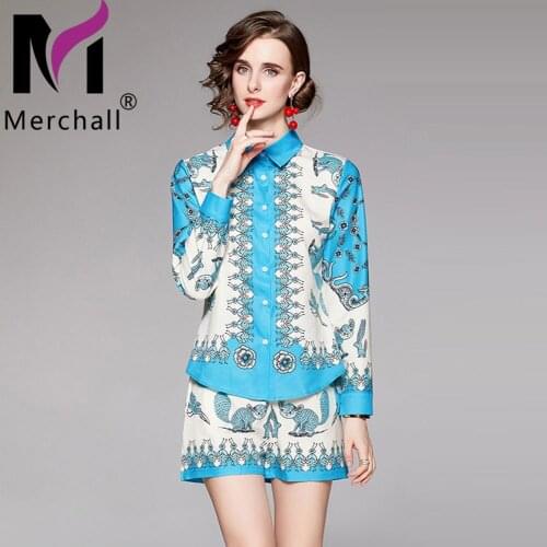Elegant Office Lady Two Piece Set Floral Print Shirt Collar Long Sleeve Tops + Mini Shorts 2021 Spring Summer Sets Suit M67864