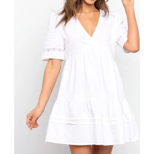 2021New Boho V-Neck Women Summer Cotton Short Sleeve Sundress Hollow Out Beach Ladies Ruffle White Mini Dress Vestidos