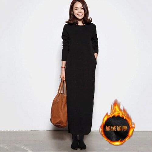 Women Winter O-Neck Cotton Straight Long Dress Casual Full Sleeve Solid Thick Warm Dress New Fashion Vestidos Plus Size M-8XL