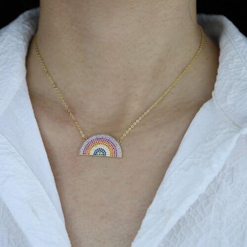 100% 925 Sterling Silver Gold Plated Rainbow Jewelry Micro Pave Colorful CZ Geometric Necklace Wholesale Drop Shipping