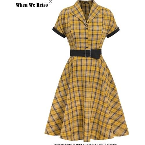 2021 Spring Yellow British Plaid Vintage Dress Turn Down Belt Short Sleeve Swing Party Robe Rockabilly 50s Retro Dresses VD1331