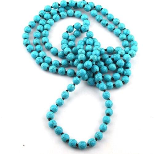 Free Shipping Fashion Bohemian Tribal Jewelry 8mm Blue Faceted Stones long Knotted Necklace