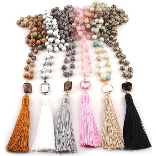Free Shipping Fashion Bohemian Tribal Jewelry Natural Semi Precious Stones with crystal Tassel charm Pendant Necklace