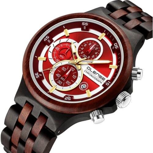 OLENSE Chronograph Men Watch Luxury Brand Business Style Multifunctional Waterproof Watch Night Vision Quartz Wooden Watch MT002