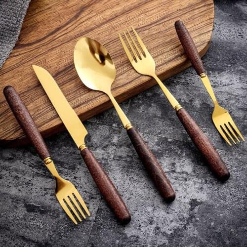 Wooden Handle Tableware Stainless Steel Golden Steak Knife Fork Coffee Tea Spoon Western Dinnerware Kitchen Cooking Utensils