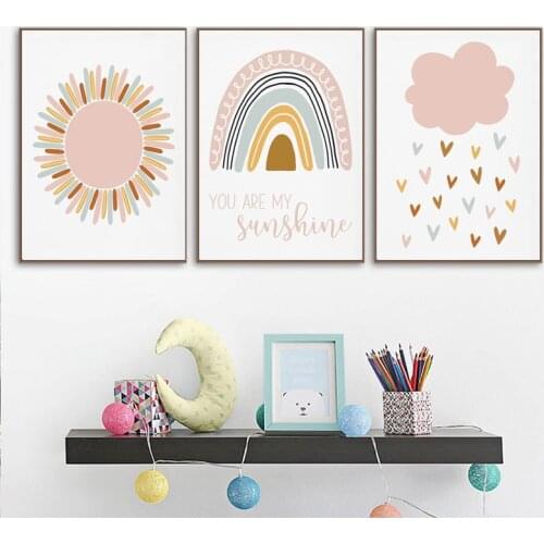 Nordic Kid Bedroom Decoration Picture Painting for Baby Room Child Poster Pink Sun Clouds Wall Art Nursery Rainbow Canvas Print
