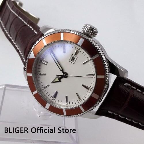 Classic BLIGER 46MM White Sterile Dial Brown Rotating Bezel Luminous Hand MIYOTA Automatic Movement Mens Wrist Watch B52